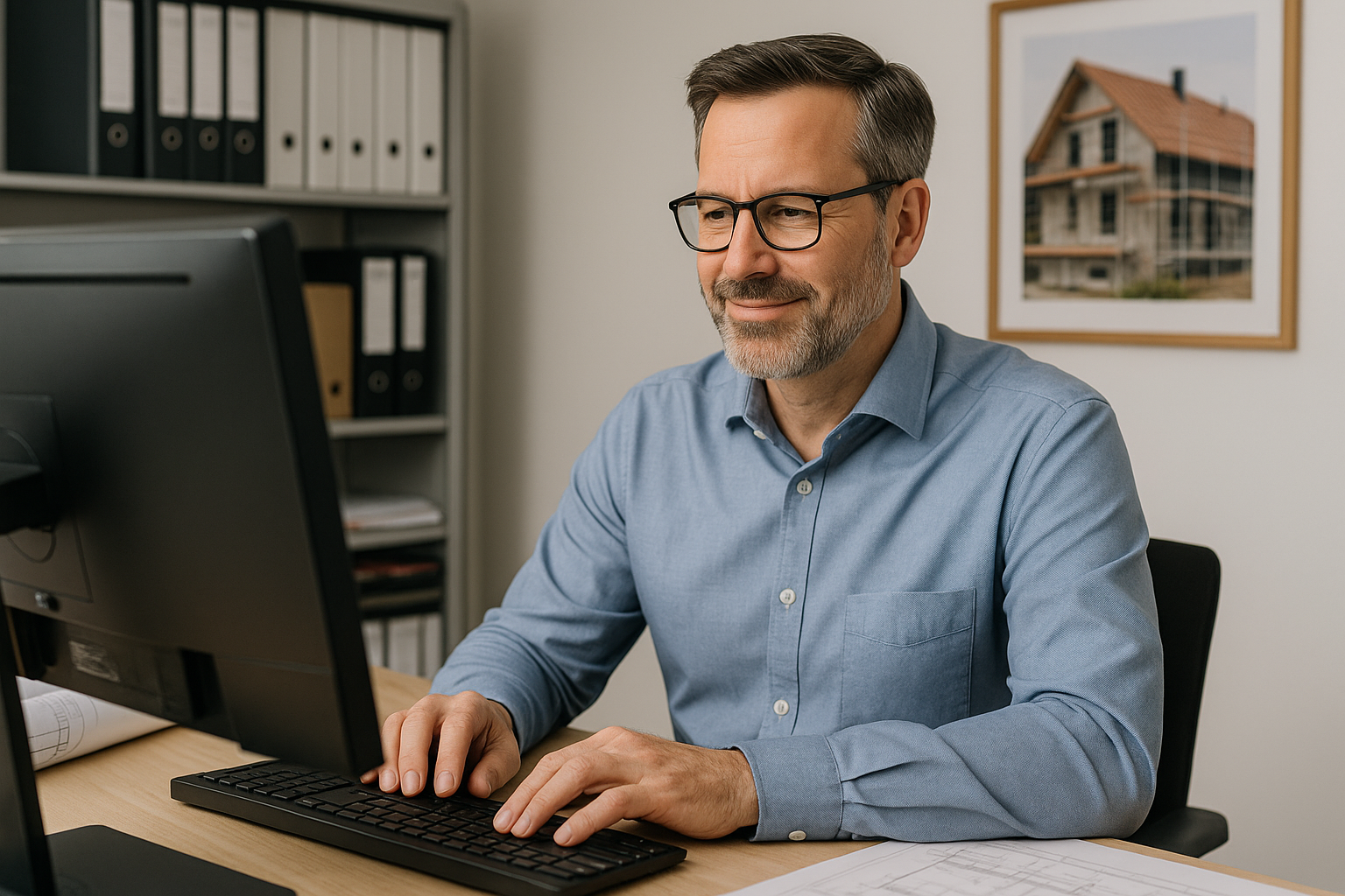 Handwerker prüft Anfrage auf Tablet