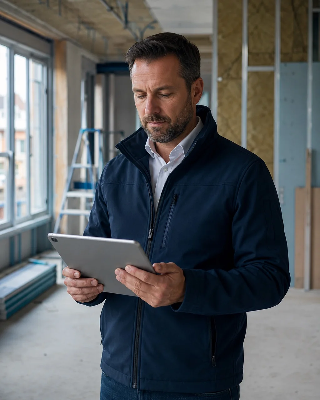 Bauleiter mit Tablet auf einer Baustelle
