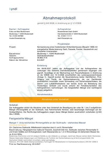 Erste Seite: Muster Abnahmeprotokoll